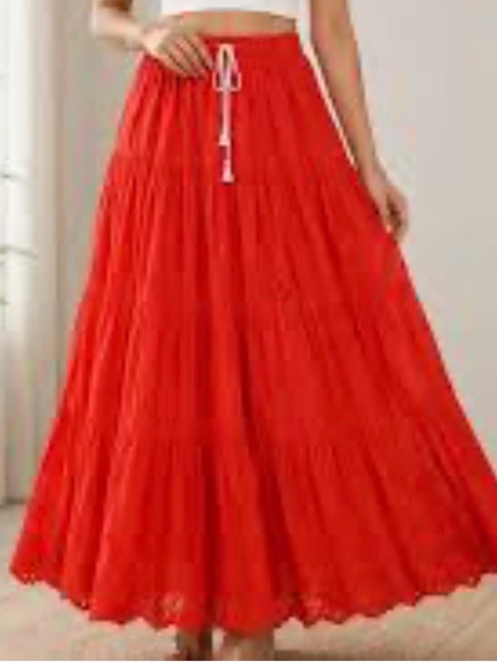 ❤️ Poupette Red Eyelet Cotton Maxi Skirt with Drawstring Waist